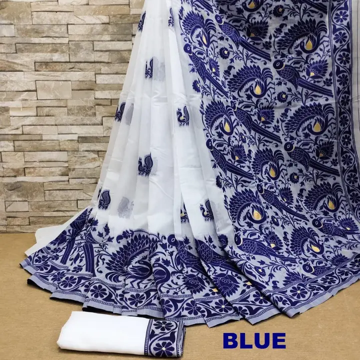 Women's Bengal Soft Dhakai Jamdani Cotton Saree Whole Body Design With Blouse ( Blue ) uploaded by Manasvi Enterprise on 3/23/2023
