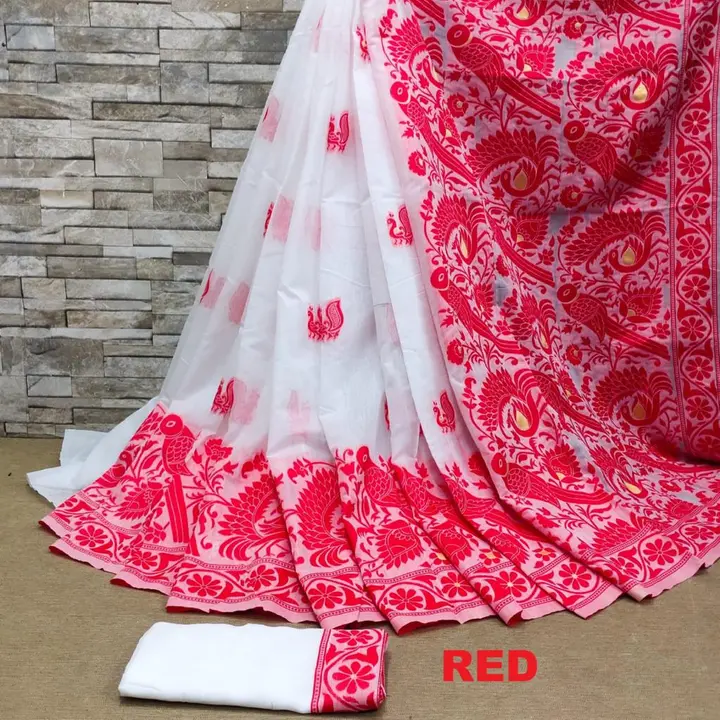 Women's Bengal Soft Dhakai Jamdani Cotton Saree Whole Body Design With Blouse ( Red ) uploaded by Manasvi Enterprise on 3/23/2023