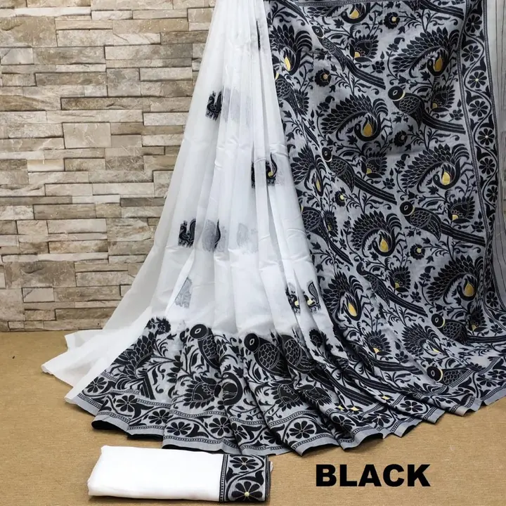 Women's Bengal Soft Dhakai Jamdani Cotton Saree Whole Body Design With Blouse ( Black ) uploaded by Manasvi Enterprise on 3/23/2023