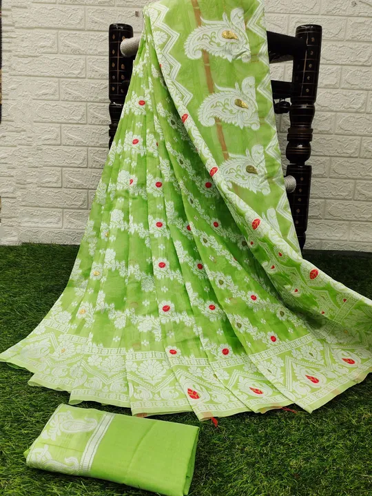 Women's Bengal Soft Dhakai Jamdani Cotton Saree With Blouse Whole Body Design ( Parrot ) uploaded by Manasvi Enterprise on 3/23/2023