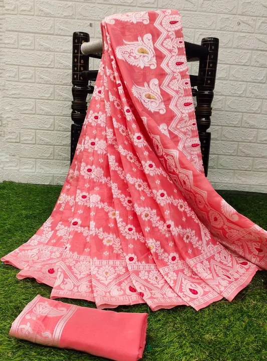 Women's Bengal Soft Dhakai Jamdani Cotton Saree With Blouse Whole Body Design ( Peach ) uploaded by Manasvi Enterprise on 3/23/2023