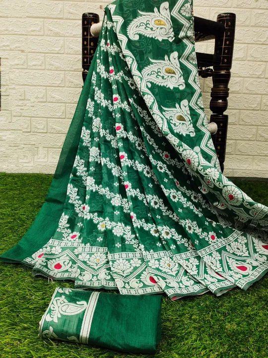 Women's Bengal Soft Dhakai Jamdani Cotton Saree With Blouse Whole Body Design ( Green ) uploaded by Manasvi Enterprise on 3/23/2023