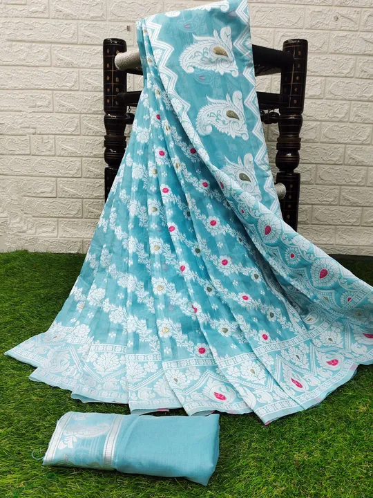 Women's Bengal Soft Dhakai Jamdani Cotton Saree With Blouse Whole Body Design ( Sky Blue ) uploaded by Manasvi Enterprise on 3/23/2023