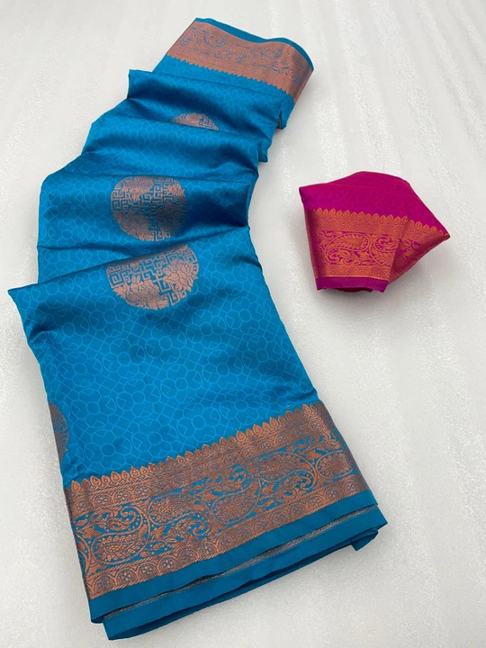 Soft lichi Silk Saree copper Zari With Jacquard Blouse  ( Sky Blue ) uploaded by Manasvi Enterprise on 3/23/2023