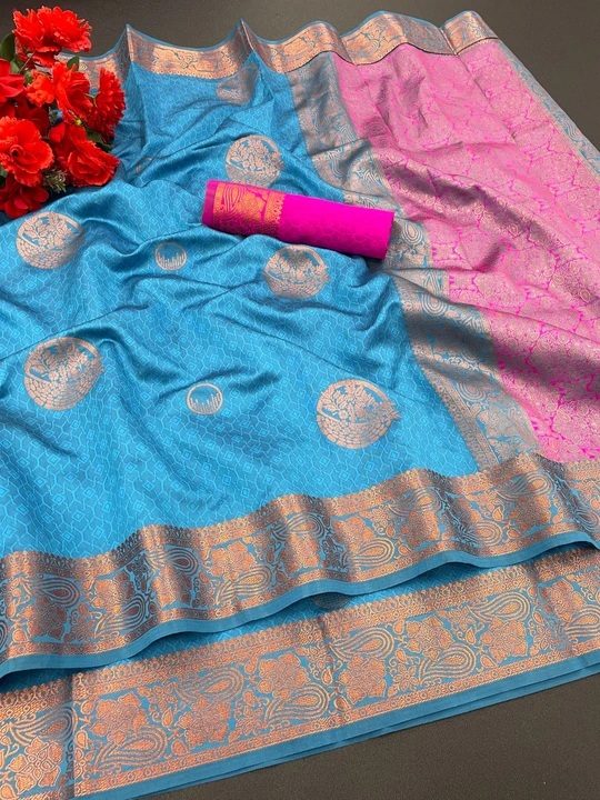 Soft lichi Silk Saree copper Zari With Jacquard Blouse  ( Sky Blue ) uploaded by Manasvi Enterprise on 3/23/2023