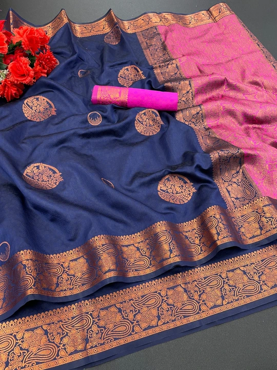 Soft lichi Silk Saree copper Zari With Jacquard Blouse  ( Blue ) uploaded by Manasvi Enterprise on 3/23/2023