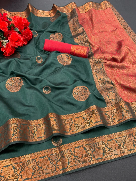 Soft lichi Silk Saree copper Zari With Jacquard Blouse  ( Green ) uploaded by Manasvi Enterprise on 3/23/2023