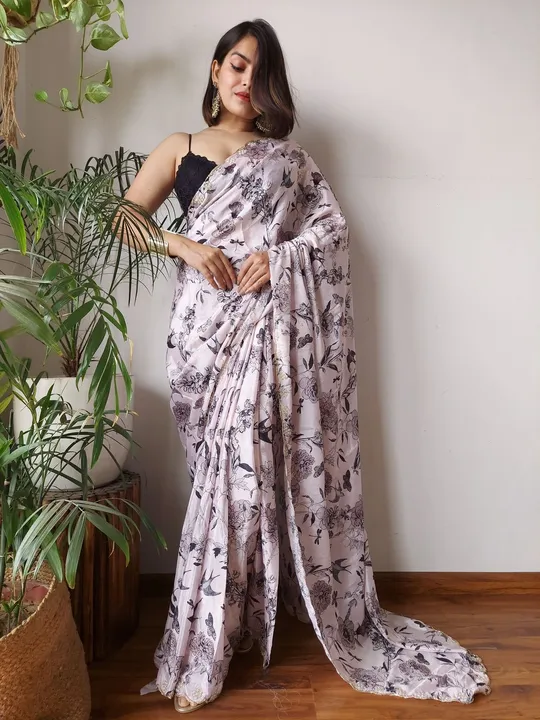 Italy silk saree with beautiful print all over with handcrafted work all over saree and plain black  uploaded by Roza Fabrics on 3/23/2023