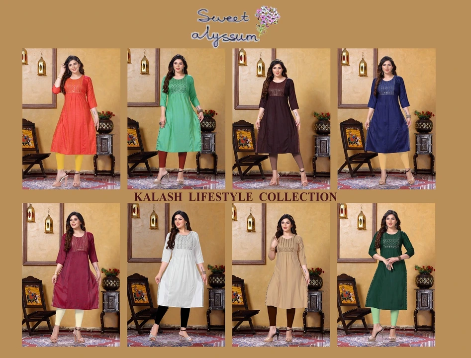 Post image New 
   *Kurta Catalogue*        
        Launched

  *SWEET ALYSSUM*💐

Fabric:- 
         *14 kg Heavy*
         *Two Tone Rayon*
             
Design:- *08*

Pattern:- 
            *Embroidered* 
  
Highlight:- 
       *Kurta With Two*       
       *Side Embroidered*

Style :- 
      *Straight Naira Cut*

Length:- 
           *44 inch*

Size:- 
*S.M.L.XL.XXL.3XL.4XL.5XL*