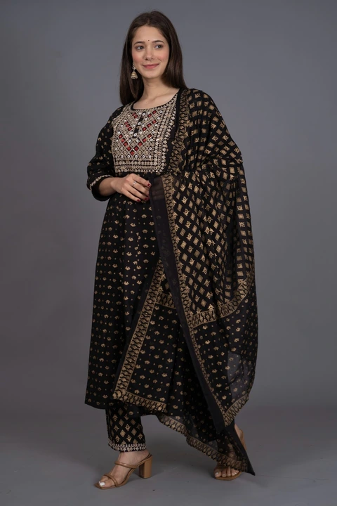 *Designer gold print Anarkali kurta with pant & dupatta*
*Paired with and cotton duppatta uploaded by business on 3/24/2023