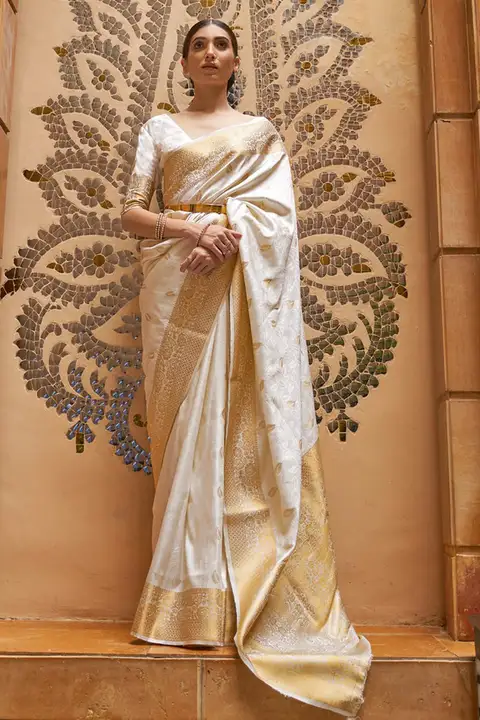 White with golden butti rich look Saree  uploaded by 1 Place For All Fashion  on 3/24/2023