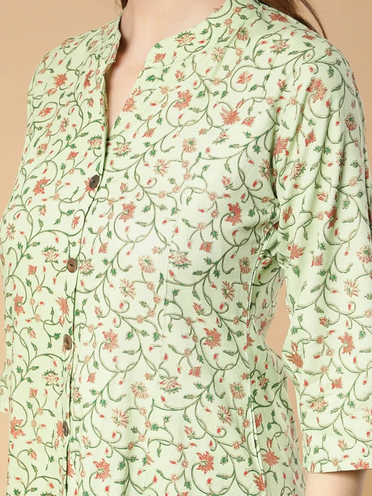 Rayon Floral Printed Light Green Straight Women Kurti With Trouser Pant uploaded by Fab Creation on 3/25/2023