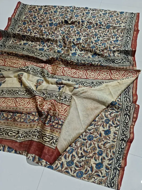 handblock fancy printed kalamkari silk saree uploaded by Virasat kala chanderi on 3/25/2023