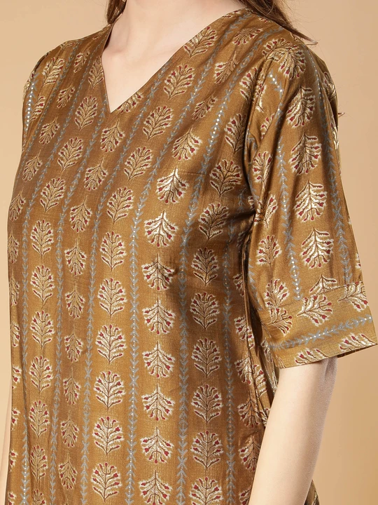 Modal Silk Gold Printed Mustard Yellow A-Line Women Kurti With Trouser Pant uploaded by Fab Creation on 3/25/2023