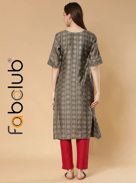 Modal Silk Gold Printed Grey A-Line Women Kurti With Trouser Pant uploaded by Fab Creation on 3/25/2023