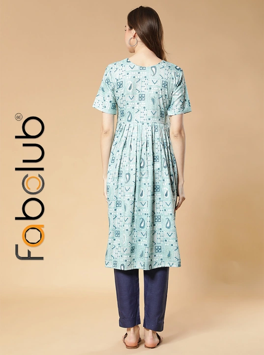 Rayon Gold Printed Light Blue Anarkali Women Kurti With Trouser Pant uploaded by Fab Creation on 3/25/2023