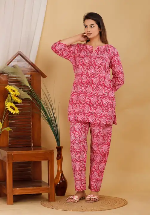 *❤️Night Suits❤️*

Top & Payjama set

Fabric: Pure Cotton 60*60
Top :
Length: 31""
Sleeves: 16-17"
B uploaded by Saiba hand block on 3/25/2023