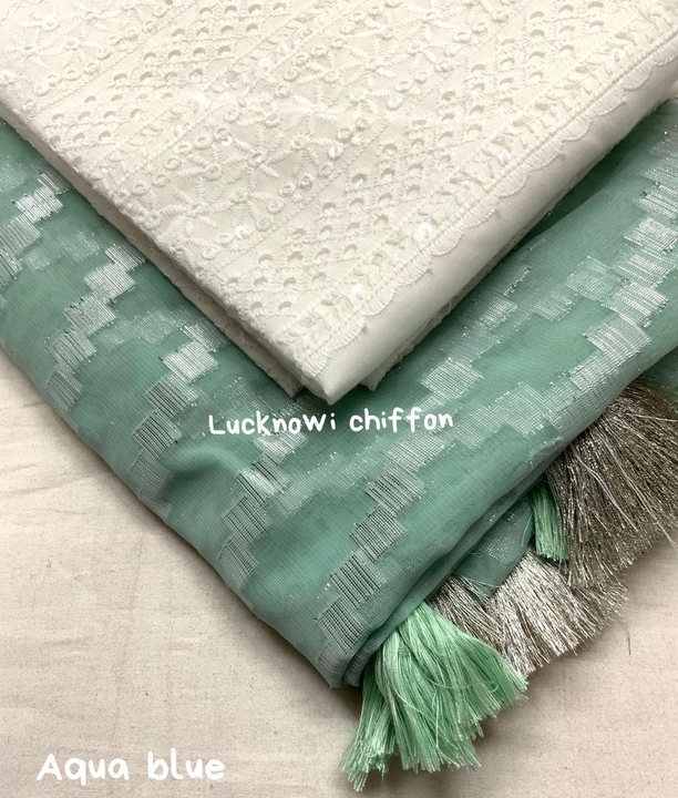 *besting catlog back in stock*


*Ak- LUCKNOWI SILVER CHIFFON* 

*Quality*- soft chiffon saree with  uploaded by Divya Fashion on 3/25/2023