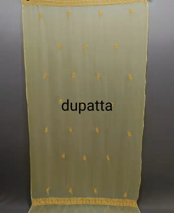 Full three piec suit material 
Fabric- georgette 
Length- 7. 5 meter 
Kurti +dupatta +bottom
Frant j uploaded by DF Chicken Factory on 3/25/2023
