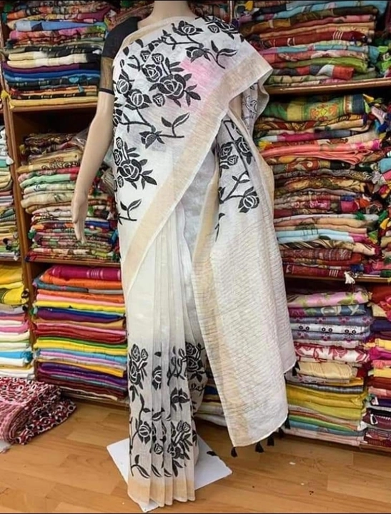 Pure linen embroidery work saree  uploaded by Aaisha handloom on 3/25/2023
