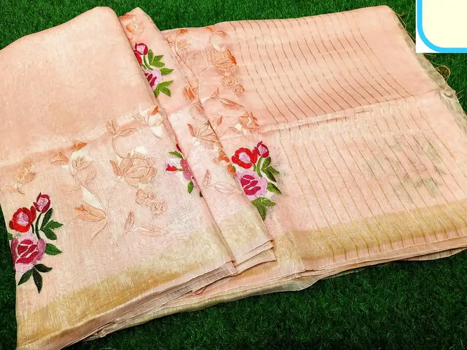 Pure linen embroidery work saree  uploaded by Aaisha handloom on 3/25/2023