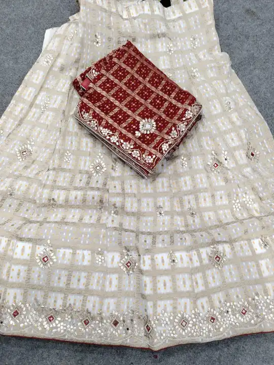Pure  Georgette gajji silk fabric lehenga blouse dupptta
Gotapatti work
With can inner
Zardoji outin uploaded by Gota Patti manufacturing on 3/25/2023