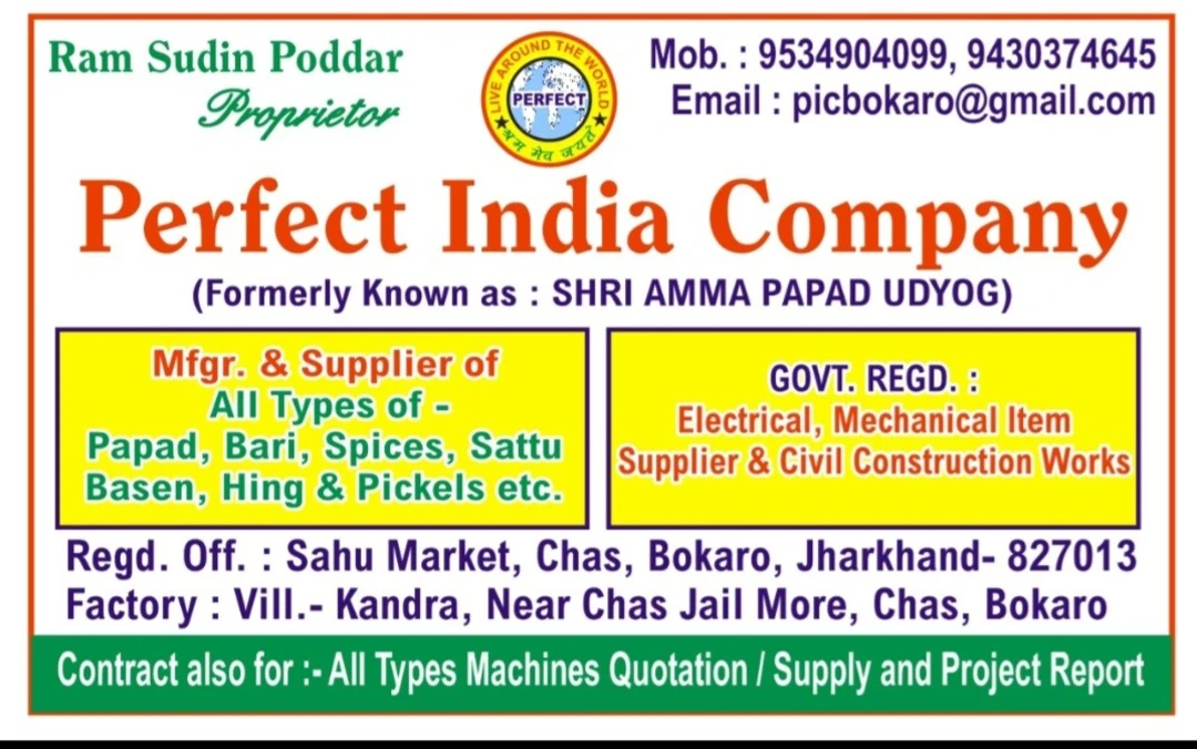 Visiting card store images of Perfect India Company