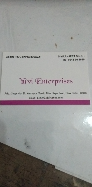 Visiting card store images of Yuvi Enterprises