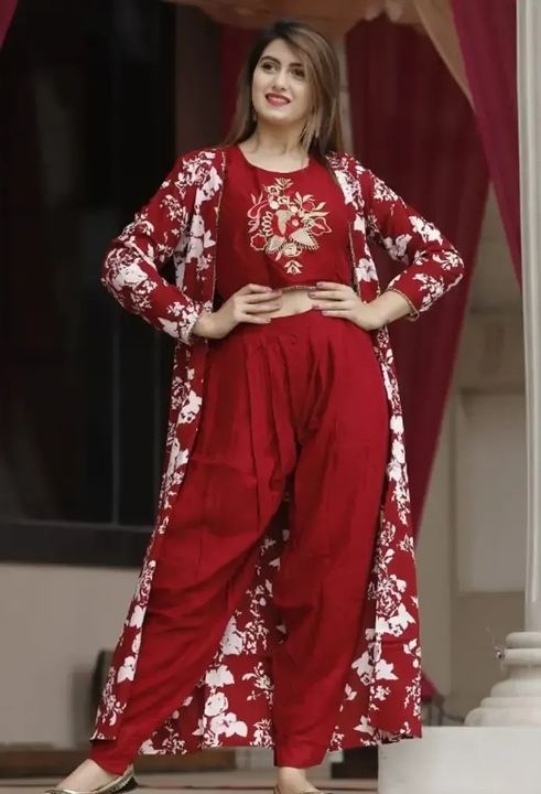 Stylish Embroidered Sleeveless Short Kurta with Plain Dhoti Pant and Floral Printed Jacket Shrug uploaded by Girls collection  on 3/26/2023