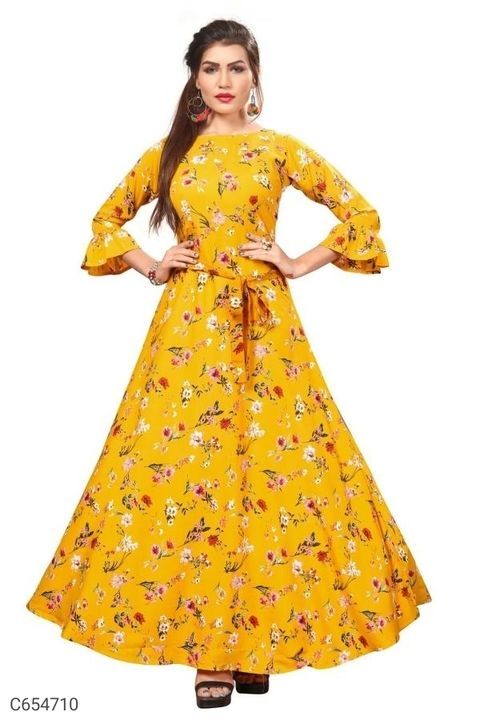 Post image Long gowns @cod Gpay phone pe 

FREE SHIPPING ALL OVER INDIA 

550/-

*Catalog Name:* Trendy American Crepe Floral Print With Belt Gowns

*Details:*
Description: It has 1 Piece of Gown
Fabric: American Crepe
Size; Bust (In Inches):  S-36, M-38, L-40, XL-42, XXL-44 
Length (In Inches): 55 IN
Sleeves: Full Sleeves
Type: Stitched
Work:  Floral Print With Belt

Designs: 5

💥 *FREE Shipping* 
💥 *FREE COD* 
💥 *FREE Return &amp; 100% Refund* 
🚚 *Delivery*: Within 7 days