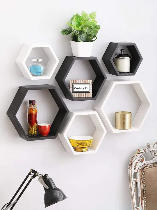 Hexagon Shape Wall Shelves Set of 6 MDF Black and White uploaded by business on 3/27/2023
