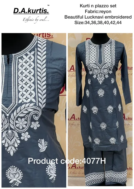 
Lucknavi embroidered kurti n plazzo set



₹34,36,38,40,42 uploaded by Wedding collection on 3/28/2023