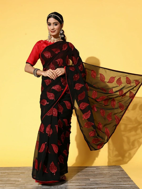 Black and Red Embroidered Net Saree uploaded by PURVANCHAL COLLECTION PRIVATE LIMITED on 3/28/2023