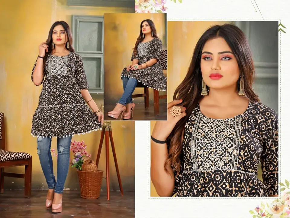Short bundi Fancy work Kurtis printed Embroidery uploaded by Radha Creation , Maira sales for Readymade items on 3/28/2023
