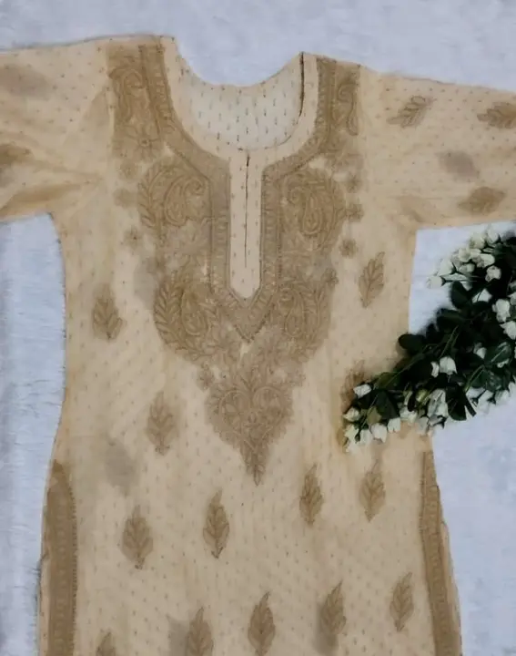 Nazakat chanderi silk beige chikankari kurti uploaded by Taana Baana on 3/29/2023