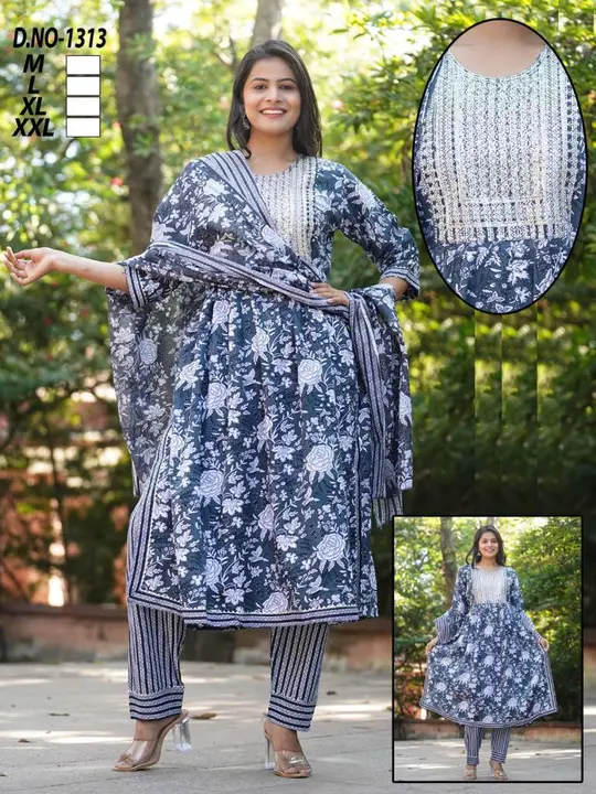 Nayra cut embroidery on printed kurti pant set uploaded by Evergreen on 3/30/2023