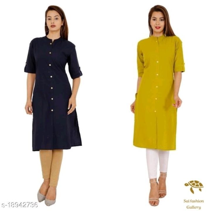 Post image Catalog Name:*Charvi Voguish Kurtis*
Fabric: Cotton
Sleeve Length: Three-Quarter Sleeves
Pattern: Solid
Combo of: Combo of 2
Sizes:
XL (Bust Size: 42 in, Size Length: 42 in) 
L (Bust Size: 40 in, Size Length: 42 in) 
XXL (Bust Size: 44 in, Size Length: 42 in) 
M (Bust Size: 38 in, Size Length: 42 in) 

Dispatch: 2-3 Days
Easy Returns Available In Case Of Any Issue