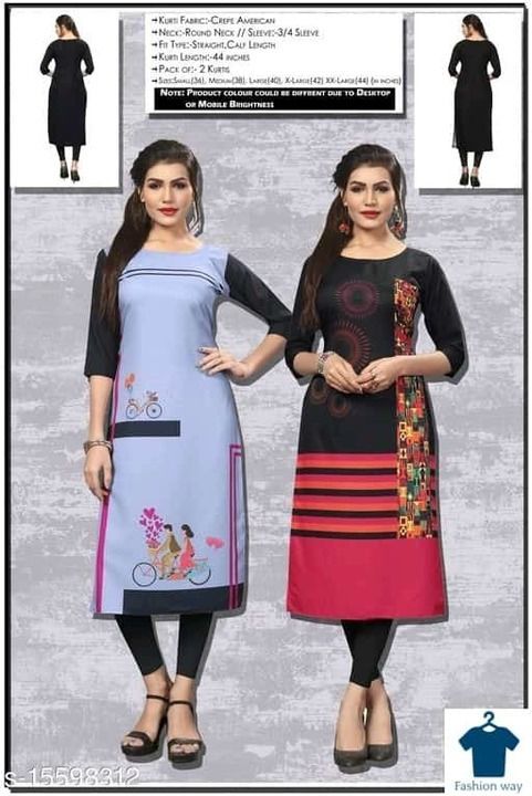 Post image Noor sofia boutique collection
 Catalog Name:*Myra Fashionable Kurtis*

*₹480*

*COD ACCEPTED*

*FREE SHIPPING FREE DELIVERY*
 Hurry limited edition available
Fabric: Crepe
Sleeve Length: Three-Quarter Sleeves
Pattern: Printed
Combo of: Variable (Product Dependent)
Sizes:
S (Bust Size: 36 in, Size Length: 44 in) 
XL (Bust Size: 42 in, Size Length: 44 in) 
L (Bust Size: 40 in, Size Length: 44 in) 
M (Bust Size: 38 in, Size Length: 44 in) 
XXL (Bust Size: 44 in, Size Length: 44 in