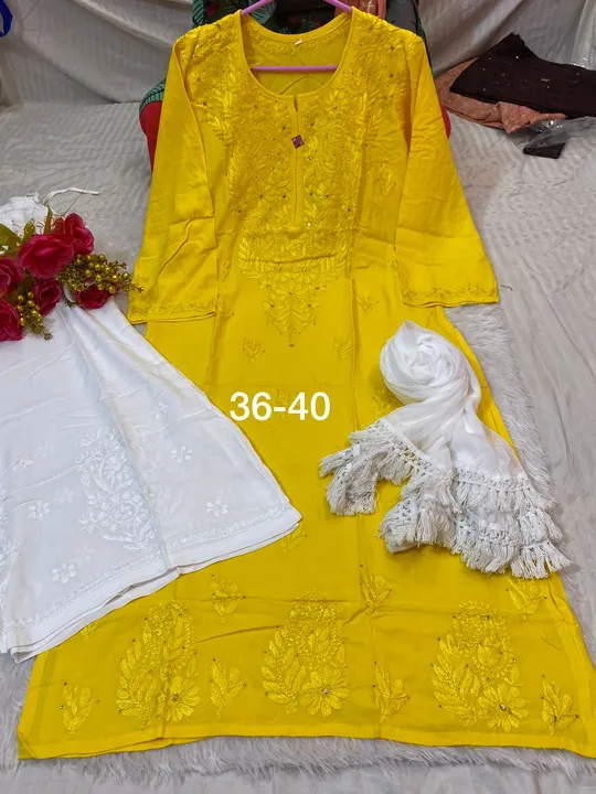 NEW LAUNCH 
3 pc collection 
Mukaish kurti plazo dupatta set uploaded by A S K on 3/31/2023