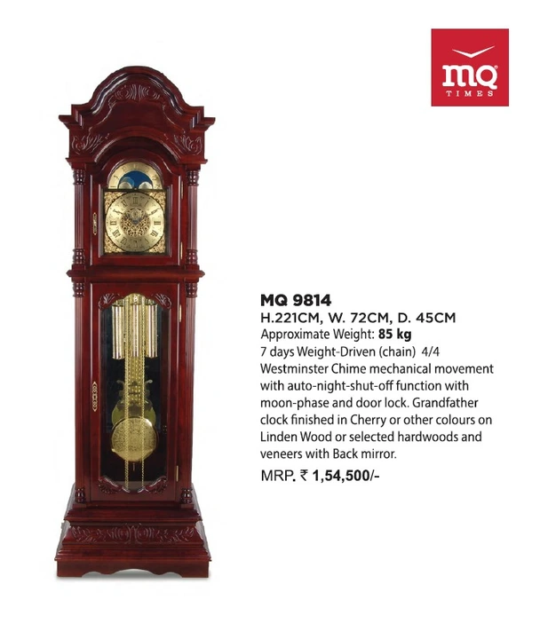 Post image HI

Having Verity range of Grand Father clock in Machanical and Quartz. 
Wooden made feature
Brand New, Old &amp; Antique
All 5 feet heights &amp; up
Price Range Start from
23k up - 10lack &amp; above  

Any
RESORTS,
VILLAS,
HOTELS,
MOTELS, 
CHAIN OFFICES/STORES, 
RESTURANT, 
BUNGLOWS, 
HOUSES
FLATS
ANYWHERE IN CENTER OR ACCORDING TO VASTU DIRECTION CAN INSTALL IT, 

AS PER VASTU IT'LL BRINGS FORTUNE AND LUCK.

IF ANY REQUIREMENT PLZ DM ME OR MAIL ME AT manjulika.ent@gmail.com.