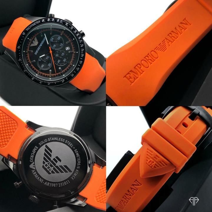 Post image *ARMANI FIBRE SERIES COLLECTION..  IN STOCK * 

*Armani*
For Him 
Original Model AR- 5987
*FEATURES:-*

*Working Chronograph*
&gt; Solid Stainless Steel Dial Case and Back 
&gt; Armani engraved on back and lock 
&gt; Original Lock 
&gt; High quality ORANGE rubber strap with EMPORIO ARMANI &amp; LOGO engraved
&gt; *Original Quality matte &amp; glossy Finish dial*

*RIGINAL QUALITY 👌👌👌CERAMIC DIAL RING * ✨
*NEW PRICE* 

*AVAILABLE IN STOCK WITH ARMANI @Rs-:₹₹ 1739 free Shipping*
