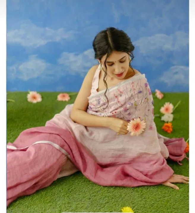 Pure linen Handmade embroidery work saree  uploaded by SHADAB TEXTILE on 3/31/2023