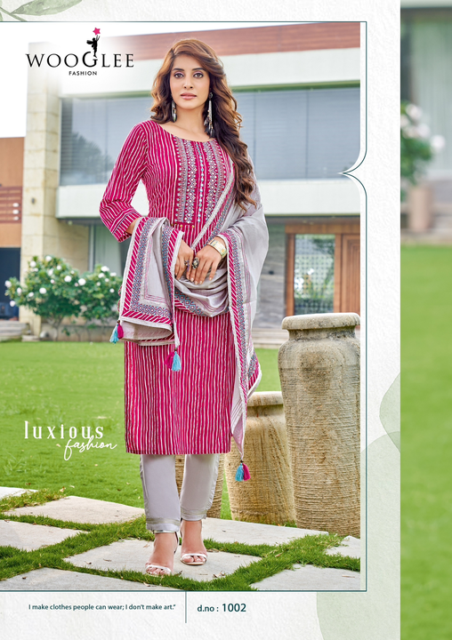 Post image Brand Name : WOOGLEE

Catalog : AVANTIKA

No of Design : 6

Fabric Details
Top :  Viscose Print
Work : Embroidery &amp; Hand work

Pant : *Cotton Slub Lycra*

Dupatta : *Chanderi Viscose with work*

Size :  S(36), M(38), L(40), XL(42), XXL(44), 3XL(46)

Rate : 1160 / Pic +  GST

Dispatch with in 3-4 days