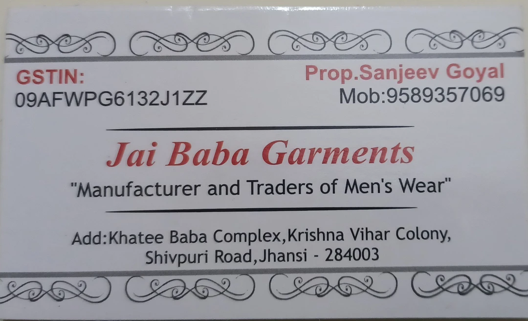 Visiting card store images of Jai Baba Garments_