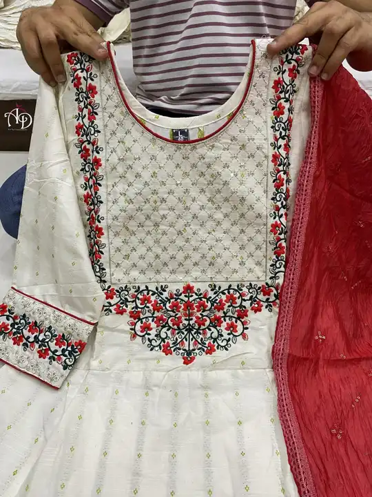 Post image *This ensemble from our exquisite collection is made in Cotton, and adorned with Cotton Threads in Floral motifs with 'Sequins' work and beautifully placed sequences*
Embroidered stiches Zari Seaunce have been delicately done on Cotton fabric*
It features a round neck with yalk, Round Flared and 3/4th sleeves with grace embroidery🌙🥰

PRODUCT DETAILS :-
• Composition : Pure Cotton Fabric 
• Style : Round flaired Kurti
• Sleeves : 3/4 sleeves 
• Length : 46 inches
• Wash care instruction : Hand Wash or Dry Clean only🌙🥰

*Sizw - M L XL XXL 3XL*

*Price - 1115/- free shipping*