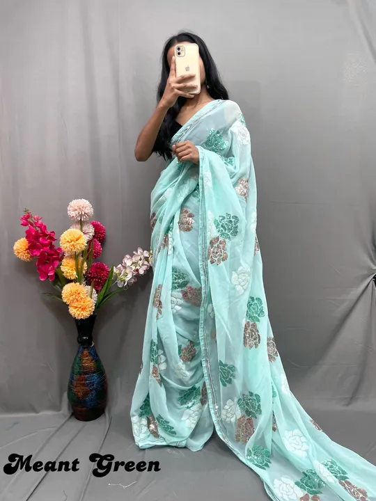 _*FREASH ARRIVAL🔥🔥*_
_*FOUR SEQUNCE *_

Pure Georrgte Four Sequnce Flower Saree with Pipping Four  uploaded by Vishal trendz 1011 avadh textile market on 4/1/2023