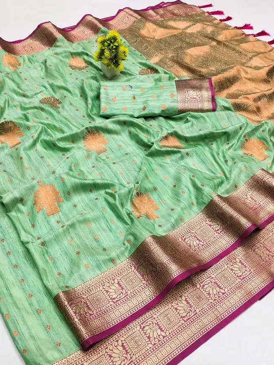 Golden Zari woven Pallu and Zari Weaving Contrast Border. uploaded by DHANANJAY CREATION  on 4/1/2023