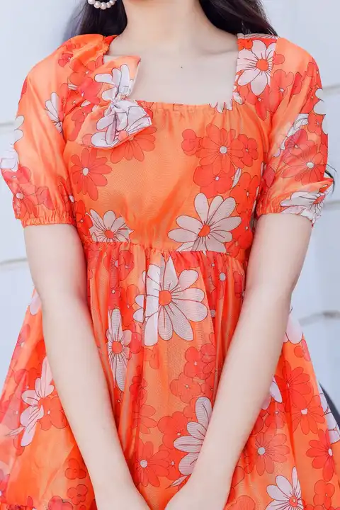 Orange organza floral printed ruffle stitched frock kurti -Top Fabric : Organza Printed With Ruffle  uploaded by Aman Nama on 4/2/2023