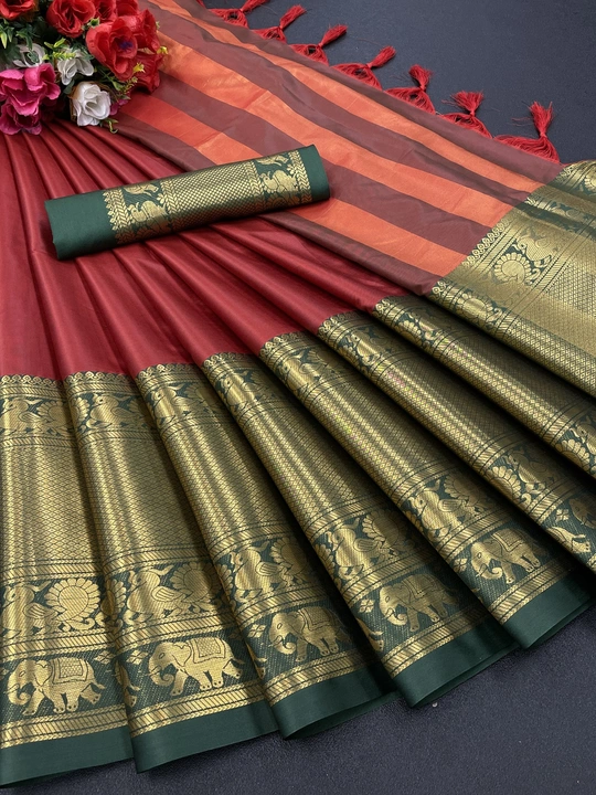 Post image *New Lounching...*

Catalog- AAB(*Nayan hathi*) 

*FABRIC : SOFT LICHI SILK CLOTH.*

*Beautiful Art Silk Jacquard Border Saree With Unstitched Running Blouse For Women Wedding Wear Party*

*DESIGN : BEAUTIFUL RICH PALLU &amp; JACQUARD  PATTERN WORK  ON ALL OVER THE SAREE.*

*BLOUSE : CONTRAST WITH EXCLUSIVE JACQUARD BORDER.*

           🌹*Rate:-₹599/-*🌹
           ✨🌟🌟🌟🌟🌟✨
           🌈Color:- SINGLE🌈

100% Best Quality 

Ready To Ship....