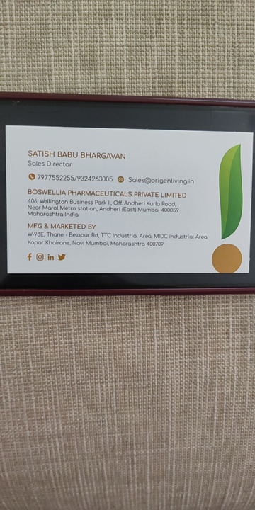 Visiting card store images of Boswellia Pharmaceutical Pvt Ltd
